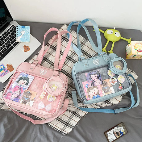 Heart Ita Bag Crossbody with Purse PU Japanese Kawaii Clear Shoulder Bag with Insert Women School Lolita Blue Itabag Tote