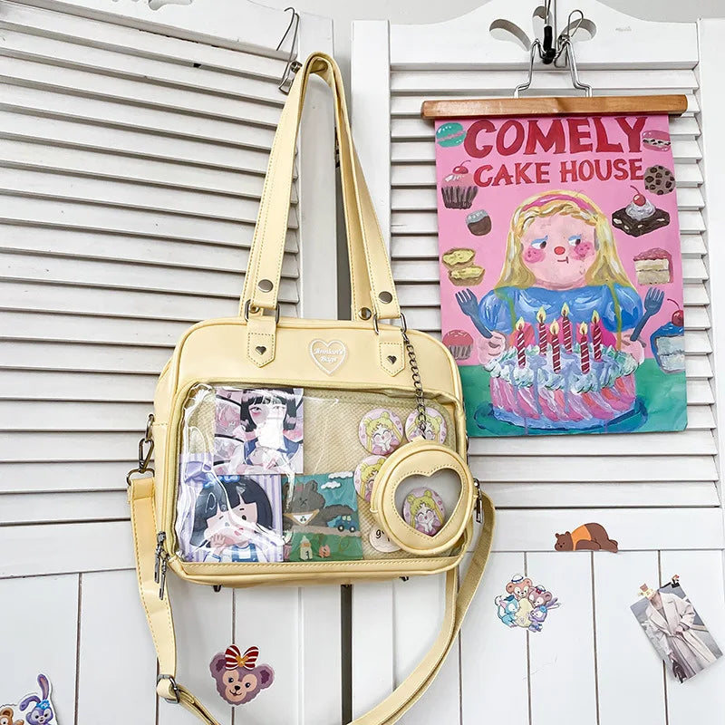 Heart Ita Bag Crossbody with Purse PU Japanese Kawaii Clear Shoulder Bag with Insert Women School Lolita Blue Itabag Tote