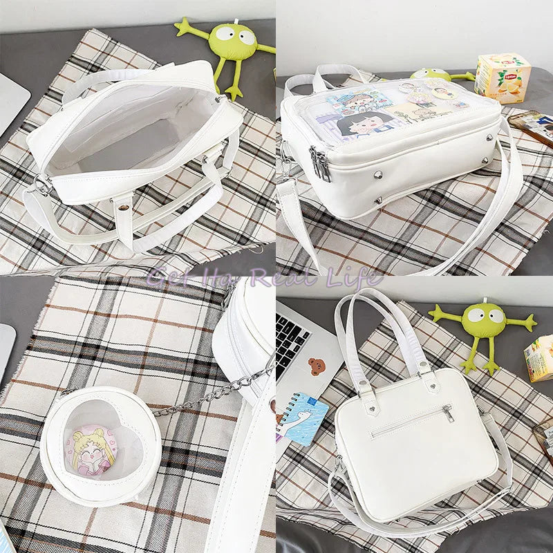 Heart Ita Bag Crossbody with Purse PU Japanese Kawaii Clear Shoulder Bag with Insert Women School Lolita Blue Itabag Tote