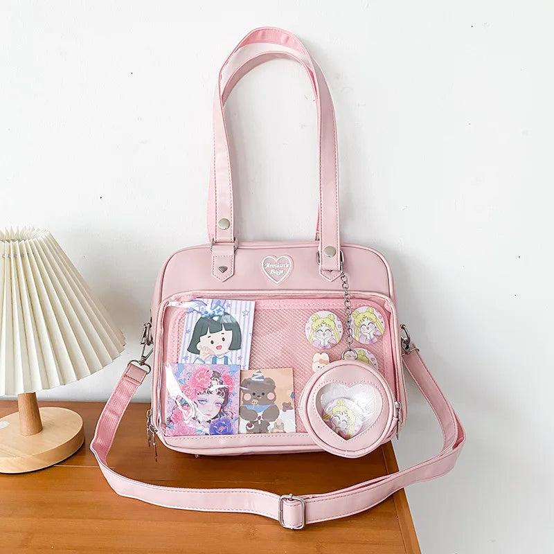 Heart Ita Bag Crossbody with Purse PU Japanese Kawaii Clear Shoulder Bag with Insert Women School Lolita Blue Itabag Tote