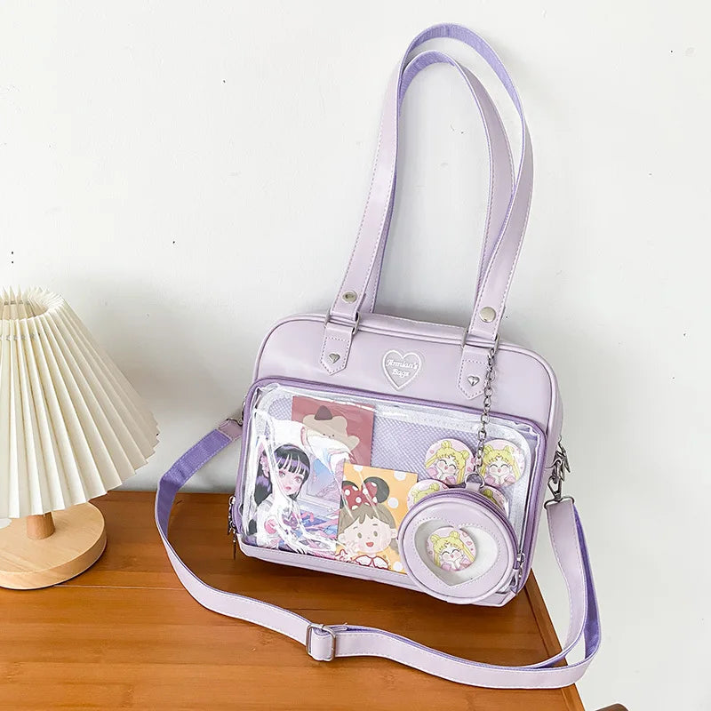 Heart Ita Bag Crossbody with Purse PU Japanese Kawaii Clear Shoulder Bag with Insert Women School Lolita Blue Itabag Tote