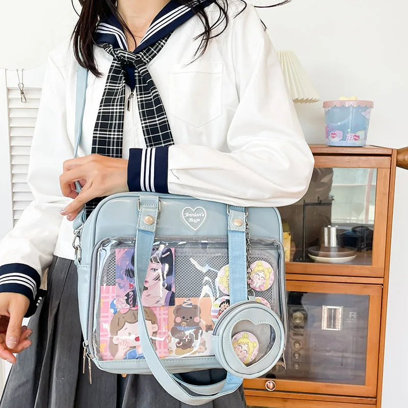 Heart Ita Bag Crossbody with Purse PU Japanese Kawaii Clear Shoulder Bag with Insert Women School Lolita Blue Itabag Tote