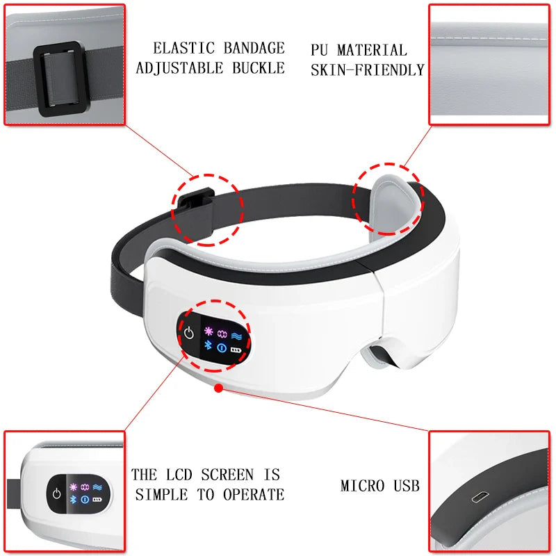 Heated Eye Massager 16D Smart Airbag Vibration Eye Care Instrument With Bluetooth Eye Massage Glasses Fatigue Pouch ＆ Wrinkle