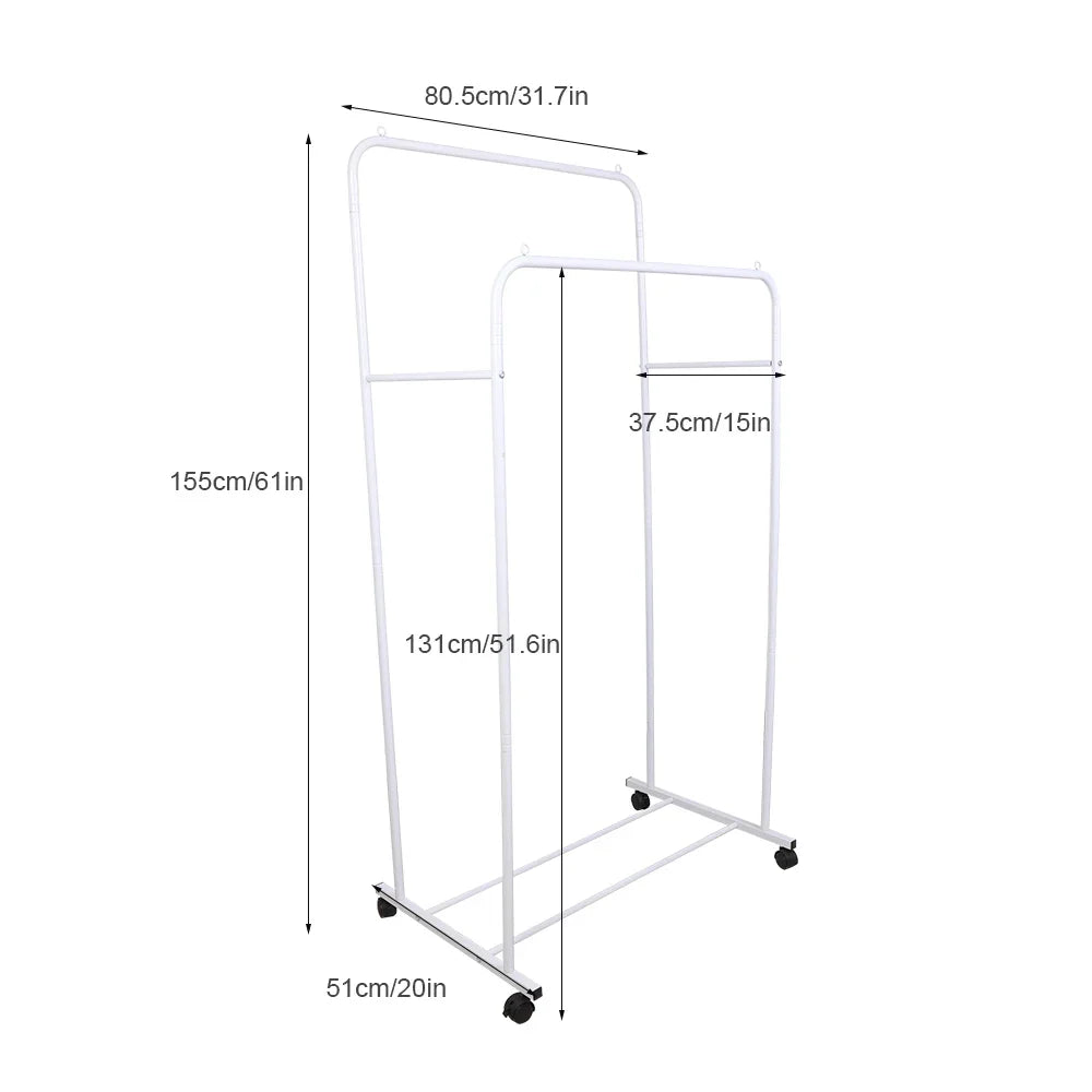 Heavy Duty Clothes Rack Garment Rail Rolling Stand Two Top Rod & Lower Storage