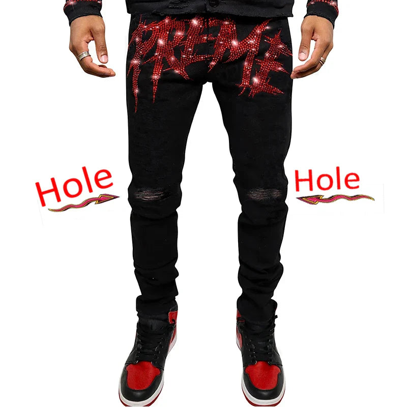 New Man Stretchy Jeans Black Skinny Hot Drill Punk Streetwear Biker Trousers Men's Washed Slim Fit Fashion Designer Pencil Pants