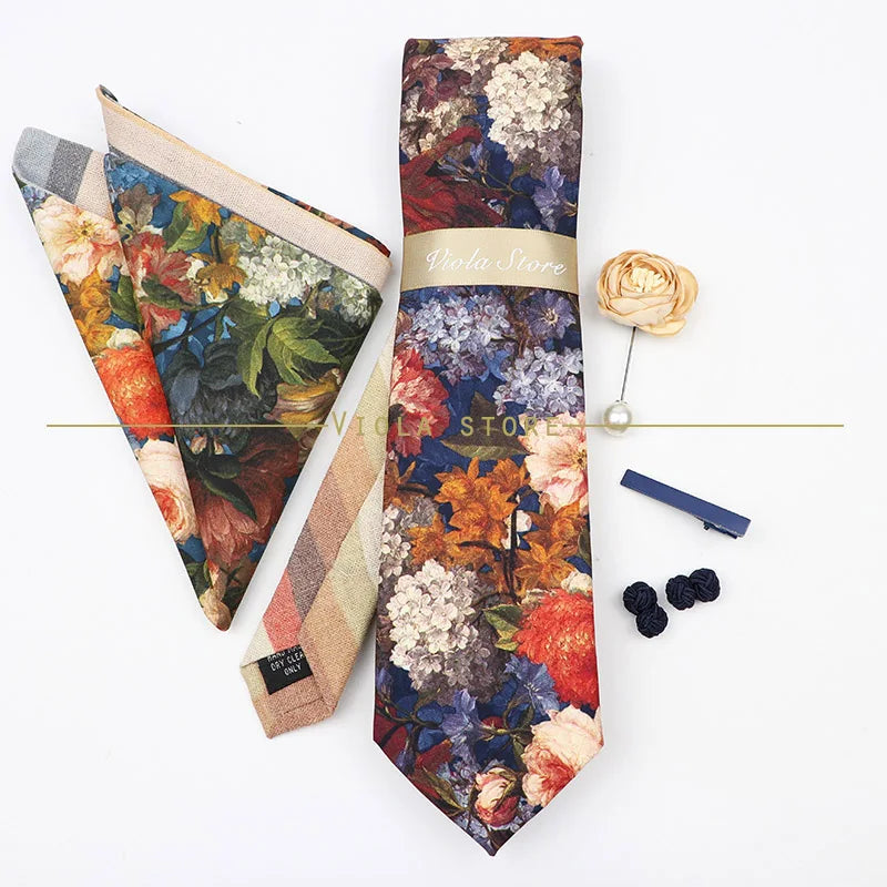 5 PCS Luxury Cotton Patchwork 7cm Tie Set Brooch Pin Clip Hankie Cufflink Men Party Daily Striped Floral Cravat Gift Accessory