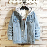 Denim Jacket Men Hooded Casual Men Jean Jackets Streetwear Solid Color Turn Down Collar Denim Coats Men Jacktes Hat Detachable