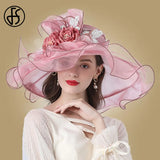 FS Flower Fascinator Women Kentucky Derby Wide Brim Wedding Church Organza Sun Hat 2023 Elegant Large Ladies Fedoras