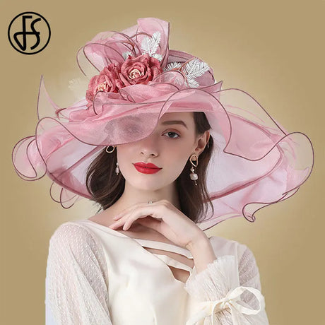 FS Flower Fascinator Women Kentucky Derby Wide Brim Wedding Church Organza Sun Hat 2023 Elegant Large Ladies Fedoras