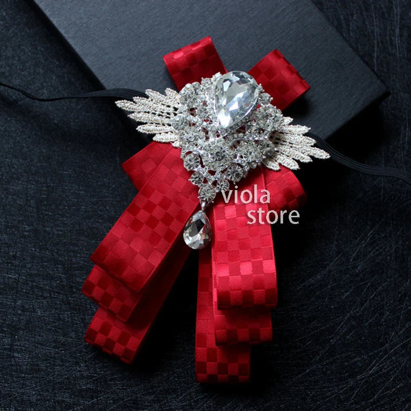 Elegant Gorgeous Diamond Ribbon Bowtie Men Wedding Suit Uniform Groom Dress Butterfly Banquet Accessory Gift Wine-Red Navy Pink