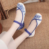 Veowalk Blue Flowers Embroidered Women's Canvas Ballet Flats Vintage Chinese Style Ladies Casual Ankle Strap Cotton Dance Shoes