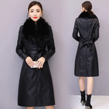 Women's Leather Jacket Winter 2023 New Add Velvet Warm Slim Big Fur Collar Long Leather Coat Female Outerwear With Belt M-4XL