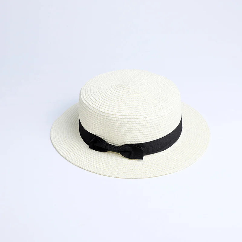 2019 Parent-child wholesale sun flat straw hat boater hat girls bow summer Hats For Women kid and Beach flat panama straw hat