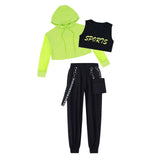 Girls Hip Hop Dance Sports Sets Kids Hooded Net Cover Up Crop Tops Vest And Pants Suit Fashion Jazz Modern Street Dance Costumes