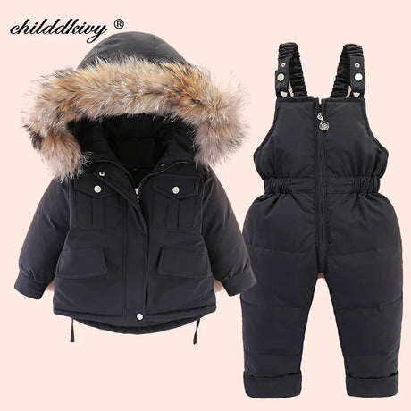 2pcs Set Children Winter Down Jacket and Jumpsuit for Baby Thicken Jacket for Girls Coat Warm Real Fur Collar Boys Snowsuit 0-4Y