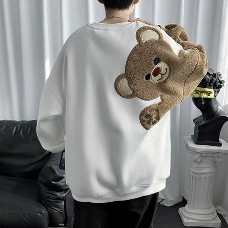 2024 Spring Harajuku Men Round Neck Sweatshirt Flocking Cartoon Bear Fleece Long Sleeves Hoodies Unisex Couple Matching Outwear