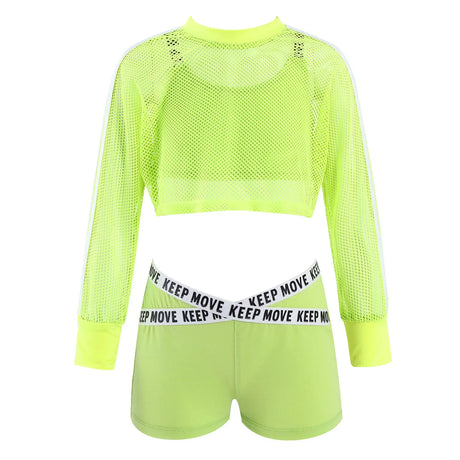 Kid Girl Cool Hip Hop Dance Outfits 3pcs Breathable Workout Short Net Blouse +Tank Top +Boyshorts Set Jazz Street Dance Costume