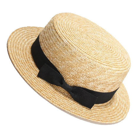 RH Natural Wheat Straw Boater Fedora Top Flat Hat Women Summer Beach Flat Brim Cap With Bowknot Ribbon For Holiday Party