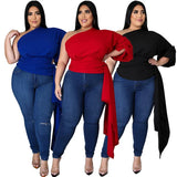 Plus Size Tops Sexy Slash Neck One Shoulder Puff Sleeve Long Blouses Elegant Ladies Irregular Shirts Wholesale Dropshipping