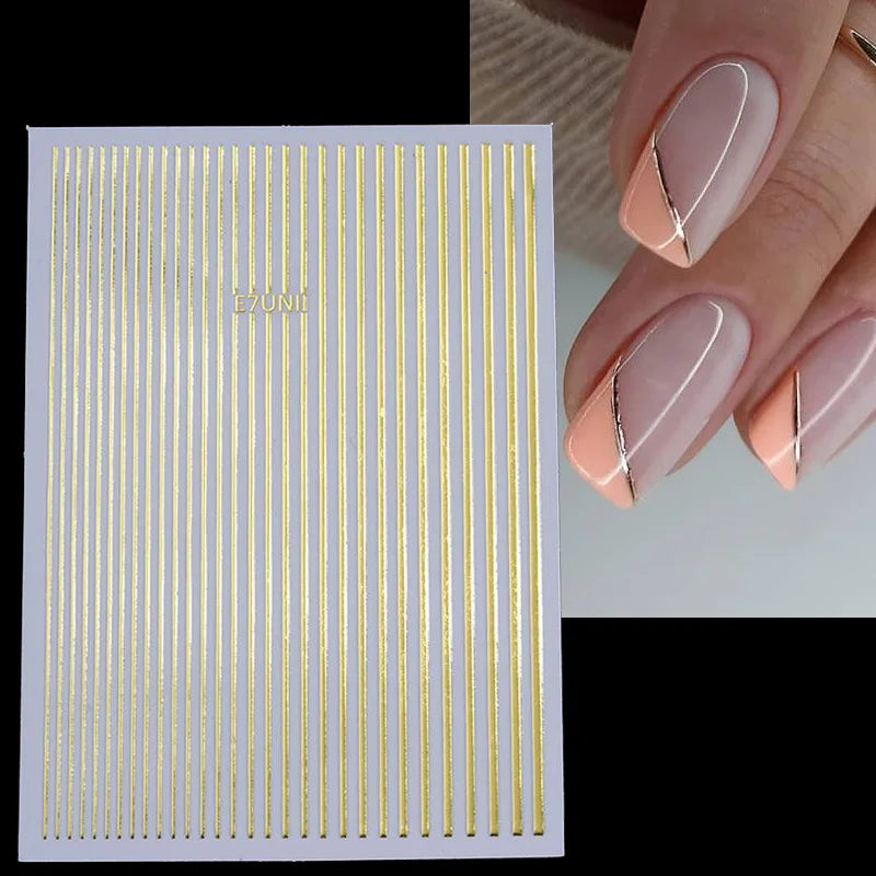 3D Silver Frame Nail Sticker Silver Bronzing Stripe Lines Sliders For Nails Tribal Pattern Decals Marble Blooming Nail Tattoos