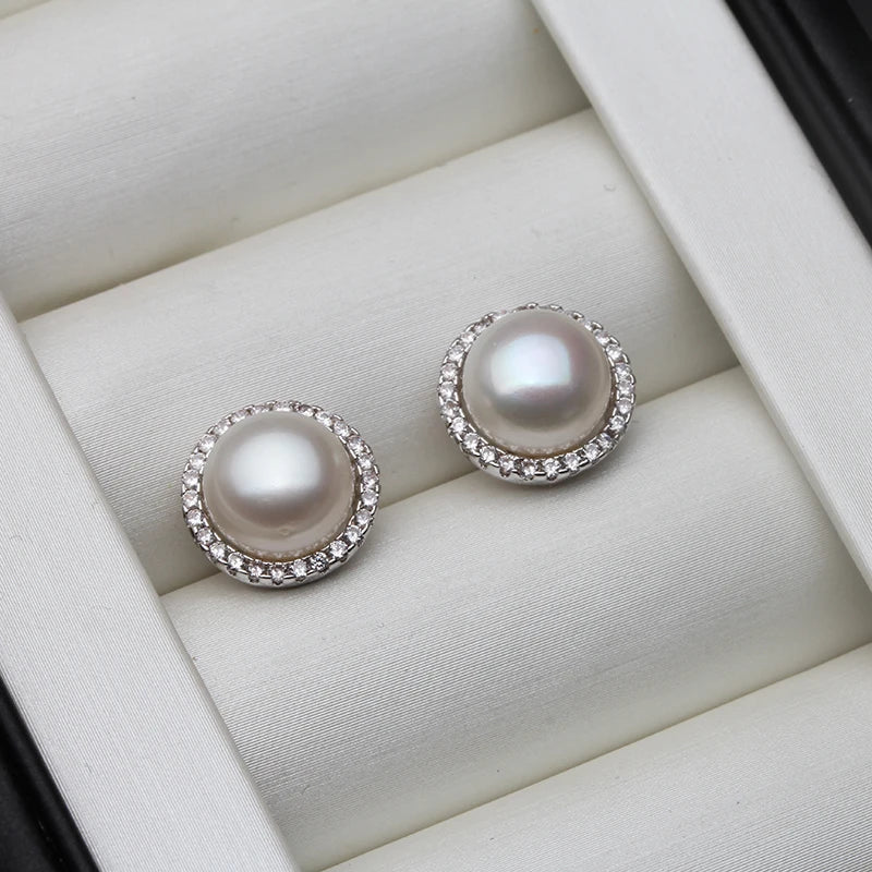 Wedding Natural White Freshwater Pearl Earrings 925 Silver Women,Fashion Cute Bridal Round Earrings Fine Jewelry Party Gift