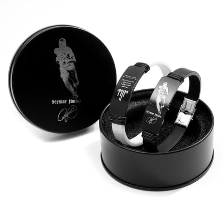 Football Star Player Messi Bracelet Stainless Steel Adjustable Waistband Black And White 2-piece Set with Dazzling Black Tin Box