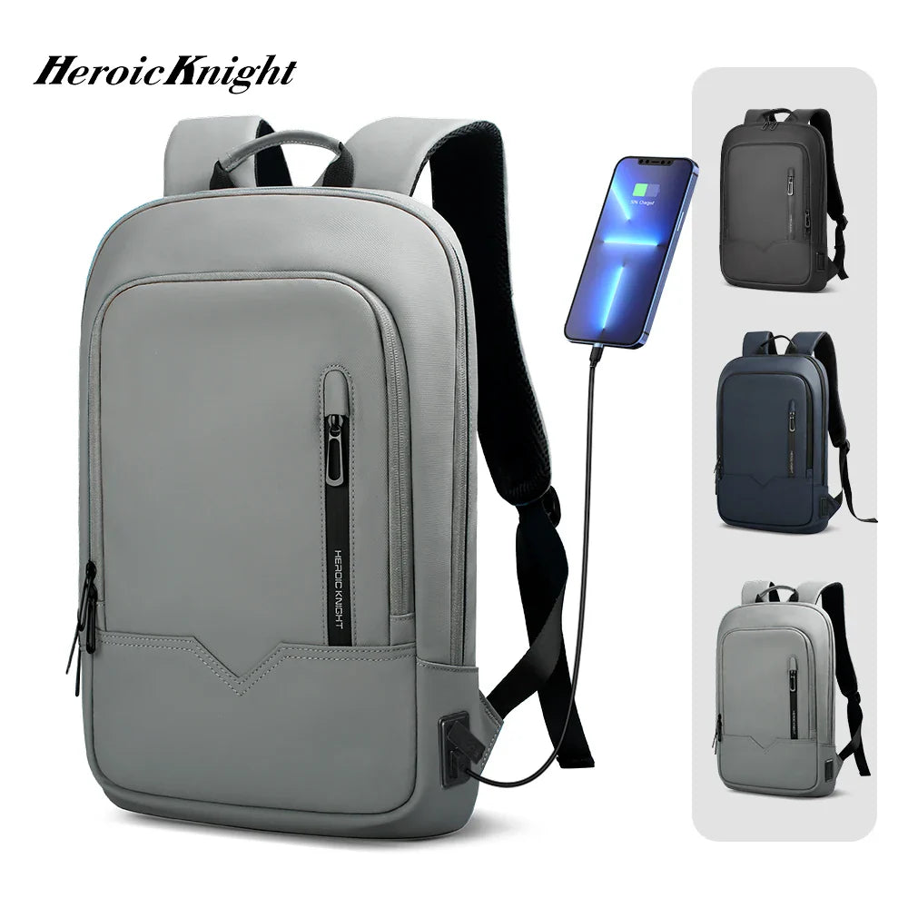 Heroic Knight Backpack Men Business Slim Work Waterproof 14" Laptop Bag USB Travel Backpack Women Outdoor School Backpack Black