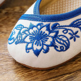 Veowalk Blue Flowers Embroidered Women's Canvas Ballet Flats Vintage Chinese Style Ladies Casual Ankle Strap Cotton Dance Shoes