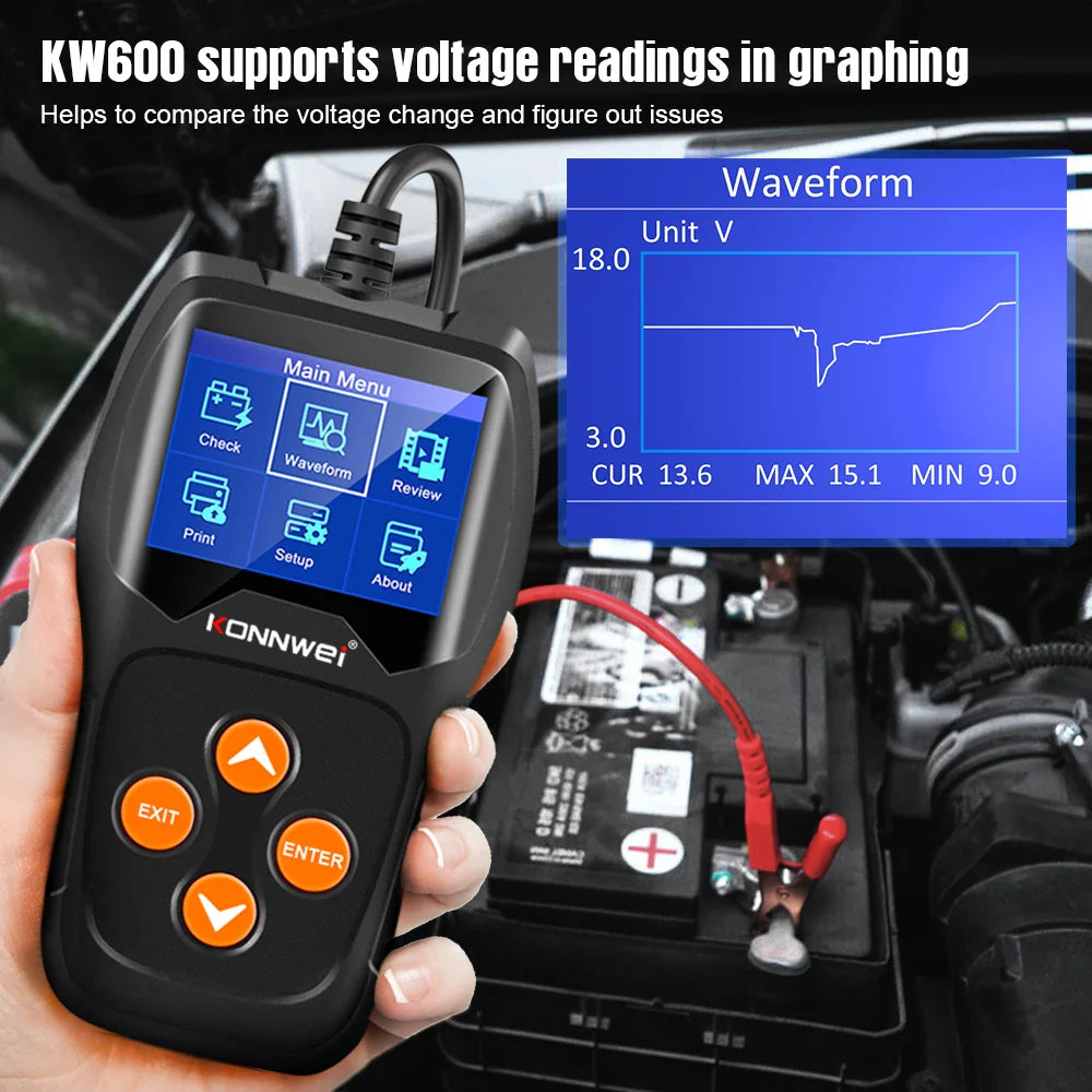 KONNWEI KW600 12V Auto Battery Tester For Car Motorcycle 100 to 2000CCA Crank Automotive Battery Monitor Inspection Tools