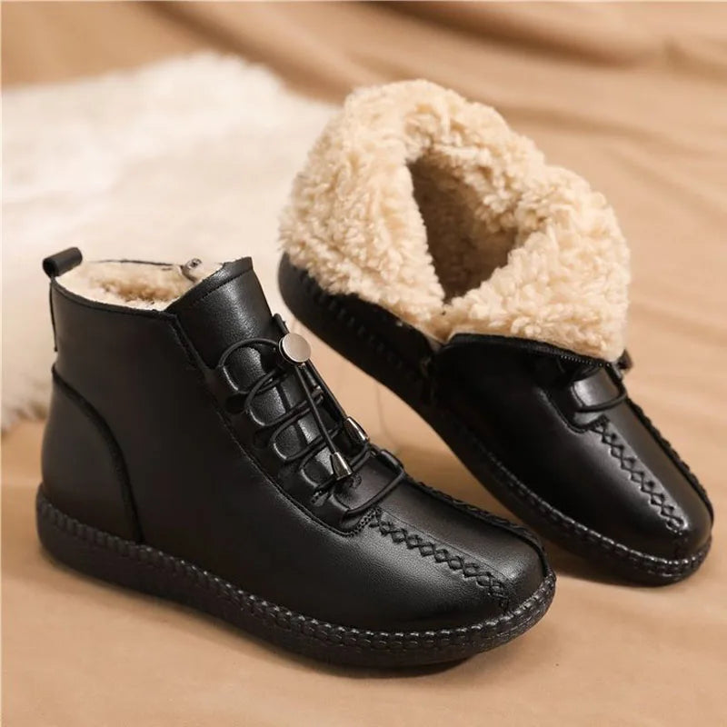 Winter Women Leather Shoes Plush Warm Shoes Woman Casual Flat Snow Boots Women's Soft-Soled Warm Cotton Boots Size 35-42 WSH4316