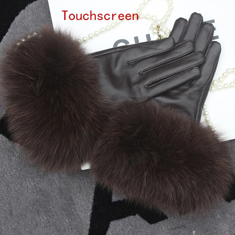 Real Sheepskin Fox Fur Gloves Women's Genuine Leather Glove Winter Warm Fashion Style Natural Fluffy Fox Fur Oversized Customize