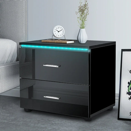 Modern Luxury LED Light Nightstand w/2 Drawers Organizer Storage Cabinet Bedside Table Bedroom Furniture for Night 20 Colors