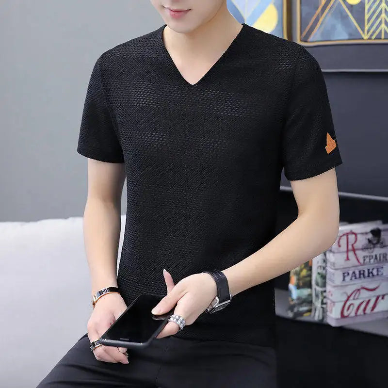 Plain T Shirt Men Summer Top Vintage Streetwear Knitted Black T Shirt V neck Short sleeve Tee Casual Plus size