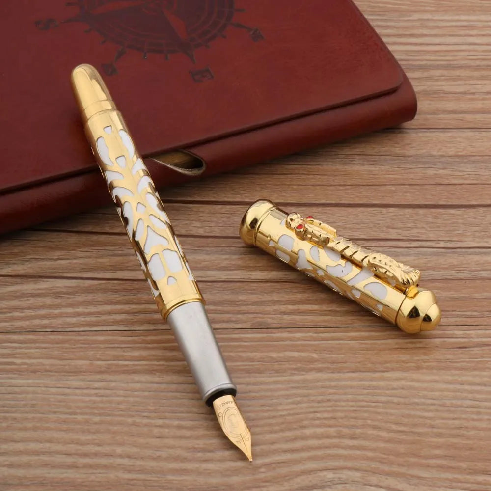 Luxury Metal 300 Fountain Pen White Golden Retro Hollow Out Faucet 26 Nib Stationery Office School Supplies