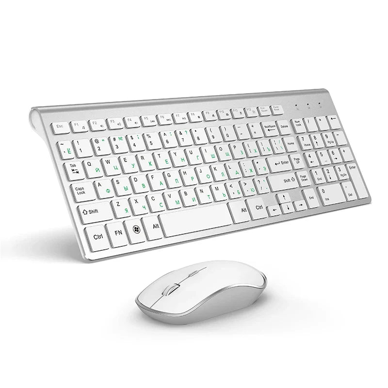 Russian version 2.4g wireless keyboard and mouse, ergonomics, portable full size, USB interface, high-end fashion silvery white