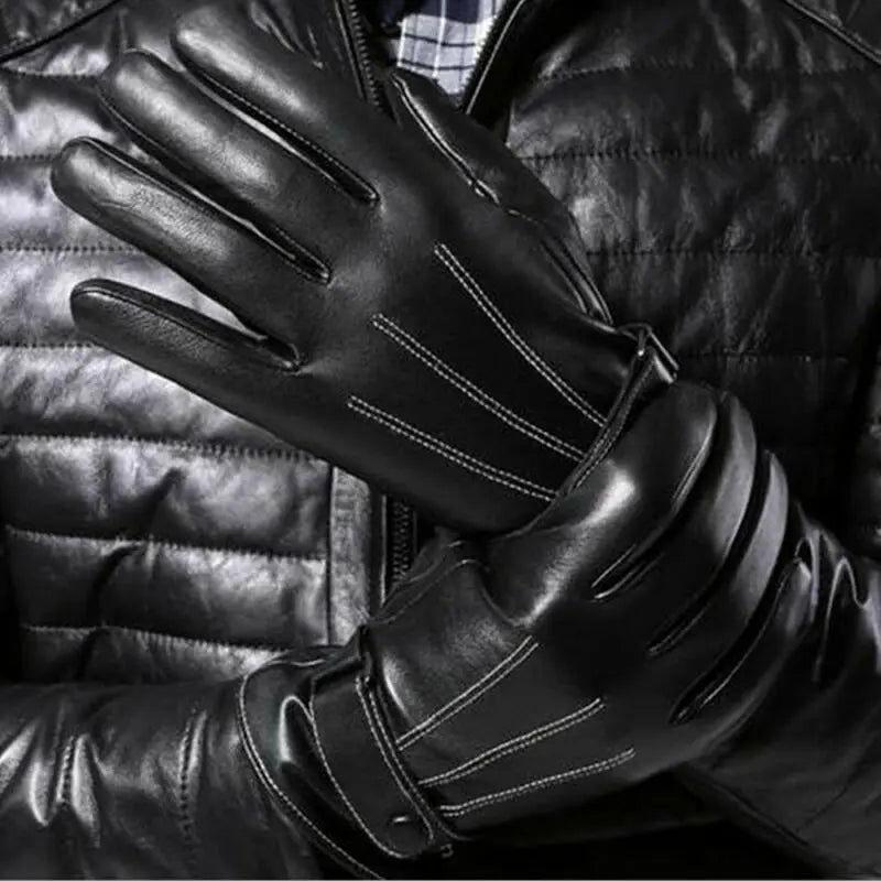 Gloves Men Winter Leather Black Gloves Button Warm Mittens For Men Luxurious Pu Leather Driving Genuine Mittens