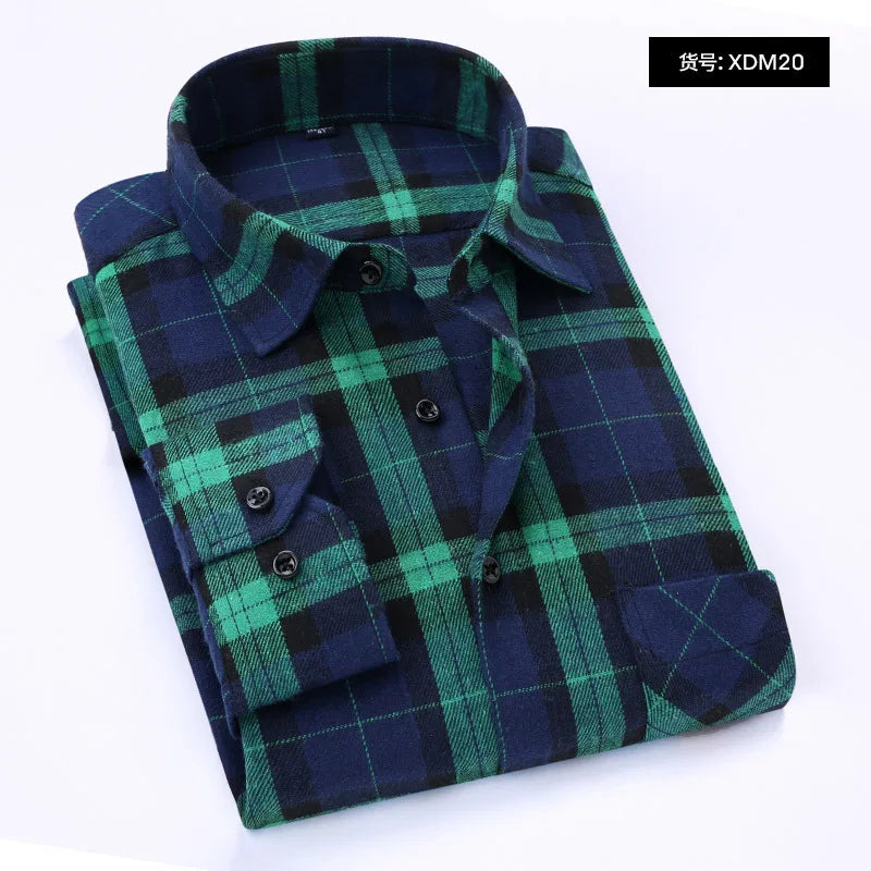 Quality Flannel Plaid Men Shirt Cotton Spring Autumn Casual Long Sleeve Dress Shirts Soft Comfort Slim Fit Button Down Clothes