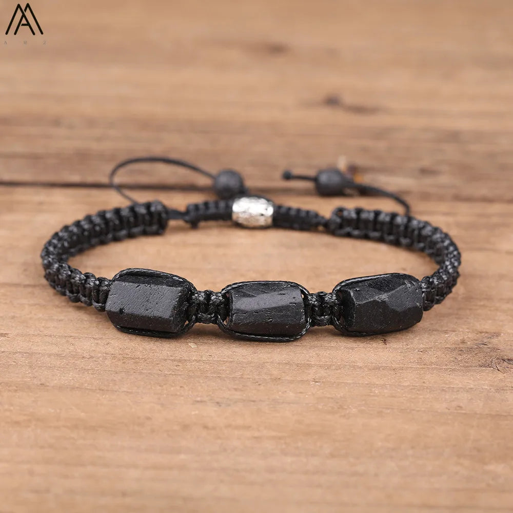 Natural Black Tourmaline Nugget Beads Cord Knotted Braid Bracelet Adjustable Women Black Lava Stone Woven Bracelet