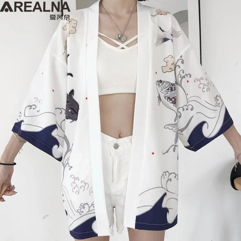 Japanese Kimono Traditional Clothing Crane Carp Anime Kimono Dress Shirts Women Samurai Haori Hombre Yukata Man Cardigan Shirt