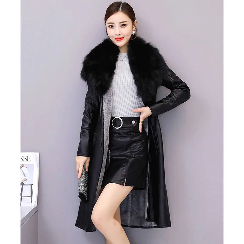 Women's Leather Jacket Winter 2023 New Add Velvet Warm Slim Big Fur Collar Long Leather Coat Female Outerwear With Belt M-4XL