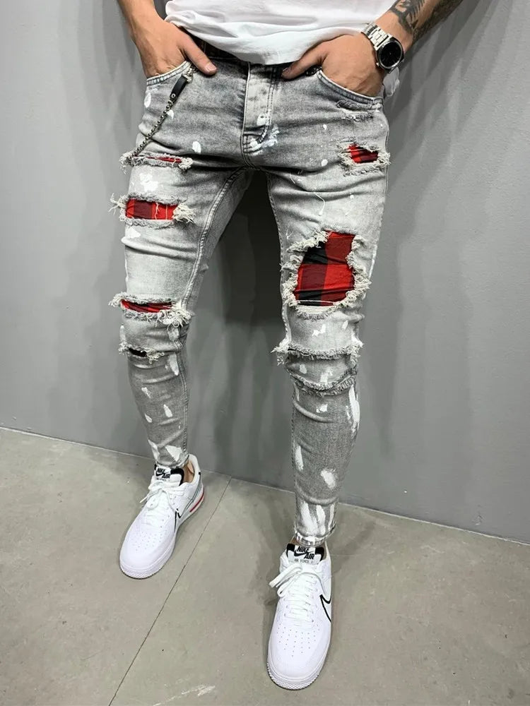 Men's Ripped Pencil Pants Men Skinny Denim Biker Side Striped Jeans Men's Fashion Foot Mouth Zipper Hip-Hop Slim Denim Trousers