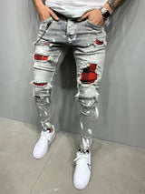 Men's Ripped Pencil Pants Men Skinny Denim Biker Side Striped Jeans Men's Fashion Foot Mouth Zipper Hip-Hop Slim Denim Trousers