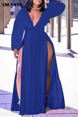 CM.YAYA Women Plus Size Dress Solid Cleavage Splited Maxi Long Dresses Female Fashion Sexy Night Club Vestidos Autumn Outfits