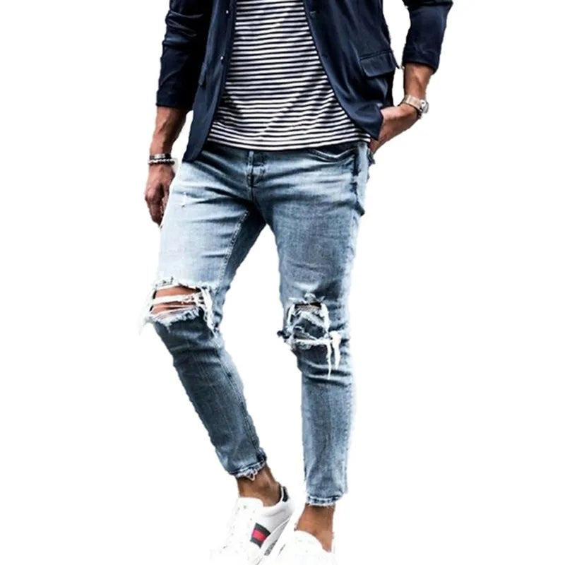 Men Jeans Streetwear Knee Ripped Skinny Hip Hop Fashion Estroyed Hole Pants Solid Color Male Stretch Casual Denim Big Trousers