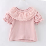 Sweet Princess Style Baby Girls Summer Solid Color Shirt Ruffles Lace Short Sleeve Soft Cotton Shirt Children Tops Outwear