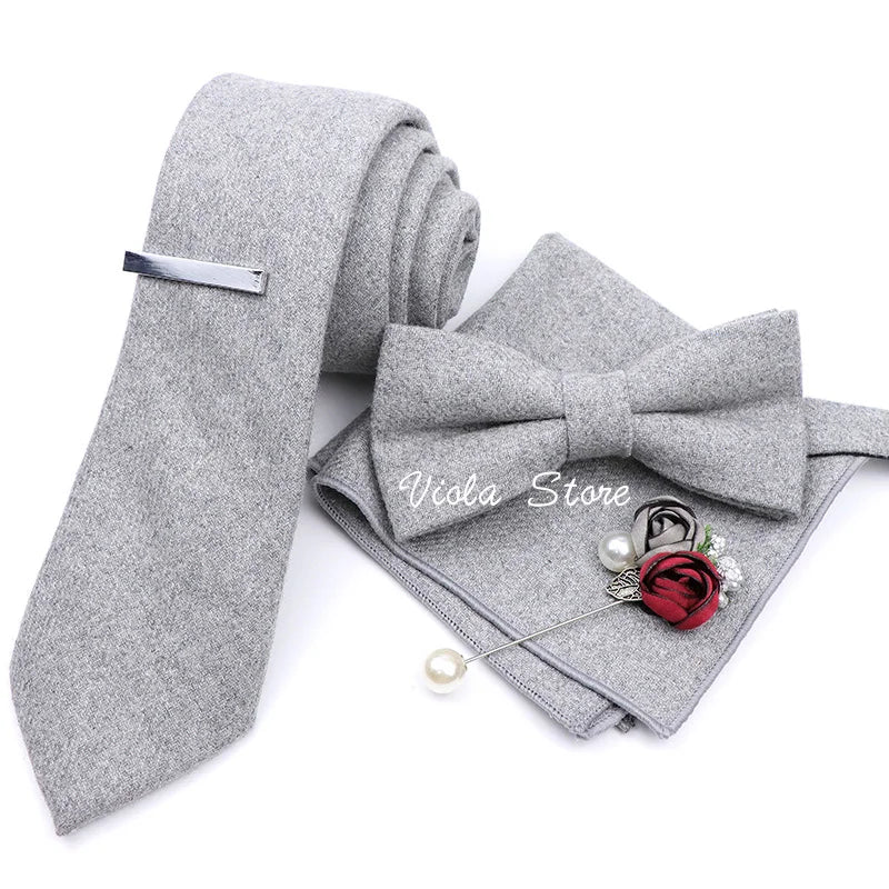 Top 50% Wool Soft 7cm Tie Bowtie Hankie Clip Brooch Sets Dusty Green Solid Classy Men Wedding Suit Daily Cravat Accessory Gift