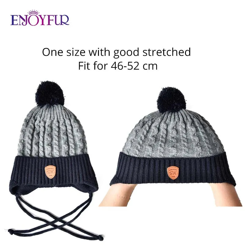 ENJOYFUR Warm Winter Baby Knitted Hats Real Fur Pompom Fleece lined Boy Caps Cute Thick Kids Elastic Earflap Outdoor Ski Beanies