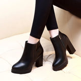 Fashion Casual Zipper Pointed Toe Soft Leather Women Shoes Square High Heel Ankle Boots Black Motorcycle Boots Shoes