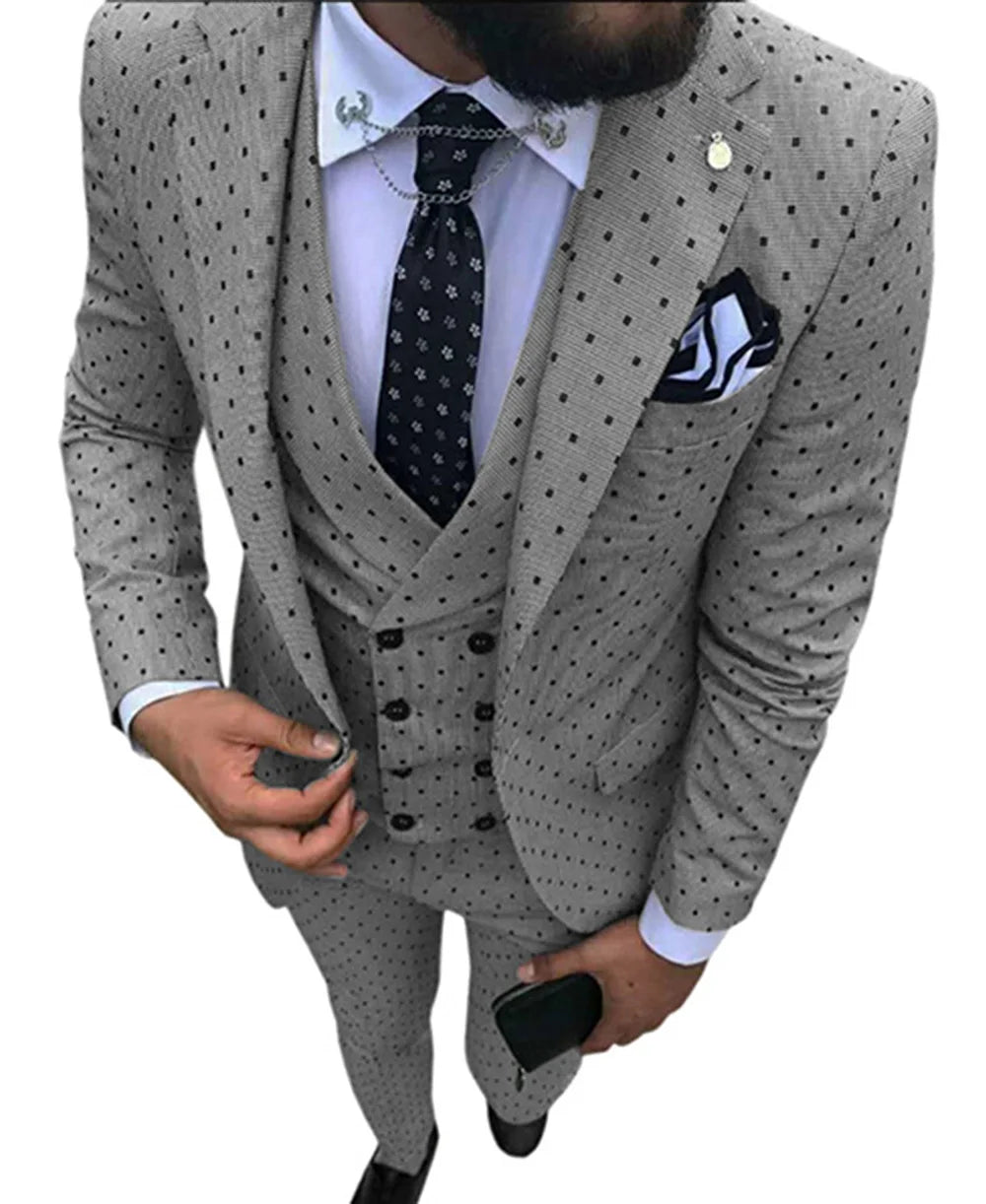 New Men's White Suit 3 Pieces Spotted Notch Lapel Slim Fit Double Breasted Vest Tuxedos Groomsmen For Wedding(Blazer+vest+Pants)