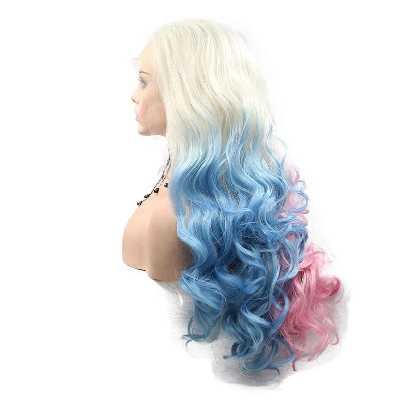 Cosplay Synthetic Lace Front Wig Platinum Blonde Ombre Half Pink Half Blue Curly Body Water Wave Frontal Wigs For Black Women